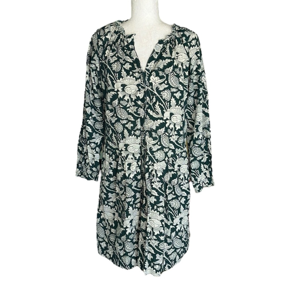 Lilla P Dark Green & Off White Floral Print Cotton Button Front Mini Dress - S